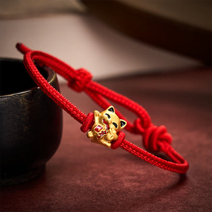 Buddha Stones Handgefertigtes, geflochtenes Armband aus roter Schnur mit goldener Glückskatze und verstellbarem Verschluss - image 9