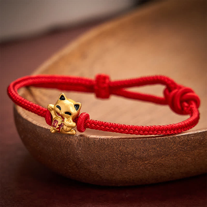 Buddha Stones Handgefertigtes, geflochtenes Armband aus roter Schnur mit goldener Glückskatze und verstellbarem Verschluss - Rot - 5,91-7,48 Zoll (15-19 cm) - image 6