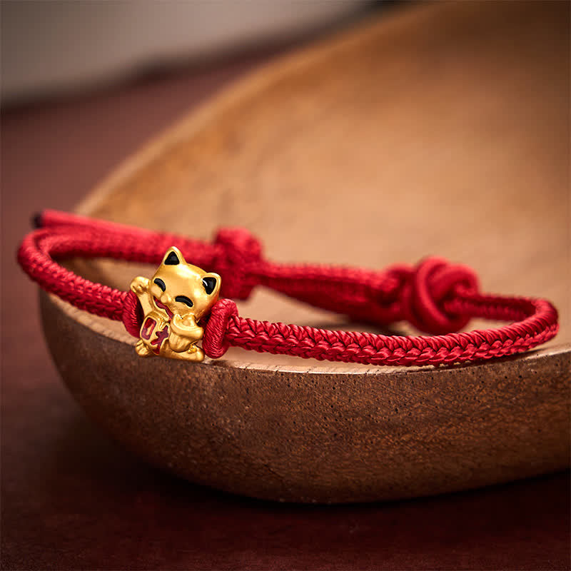 Buddha Stones Handgefertigtes, geflochtenes Armband aus roter Schnur mit goldener Glückskatze und verstellbarem Verschluss - image 1