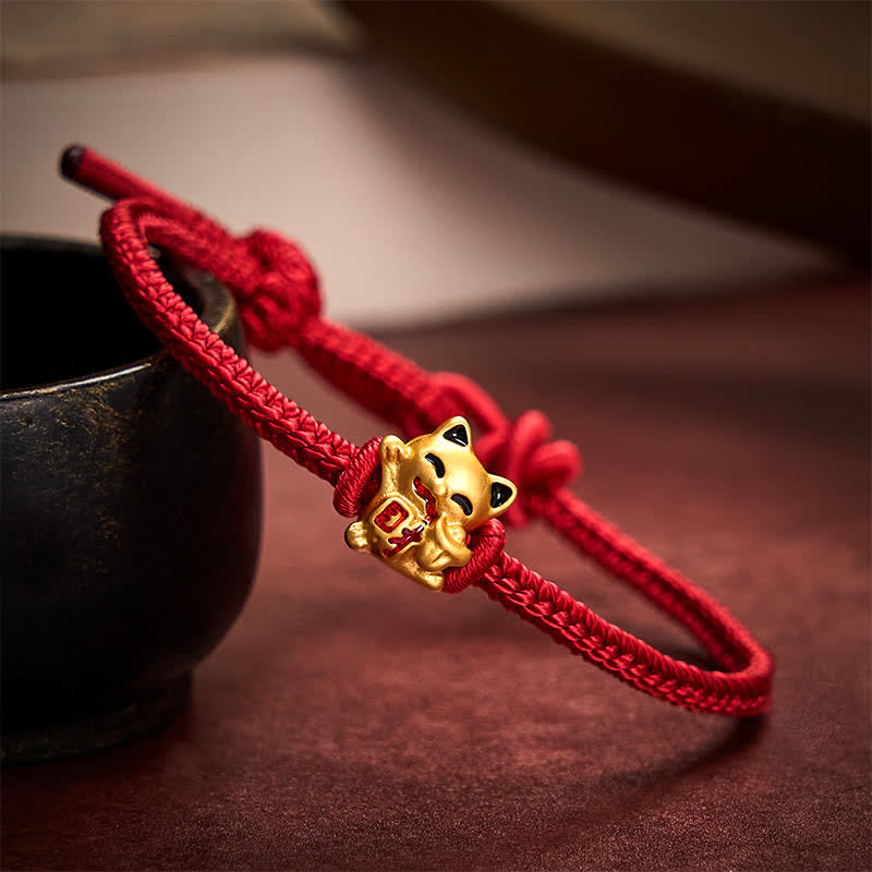 Buddha Stones Handgefertigtes, geflochtenes Armband aus roter Schnur mit goldener Glückskatze und verstellbarem Verschluss - Dunkelrot - 5,91-7,48 Zoll (15-19 cm) - image 0