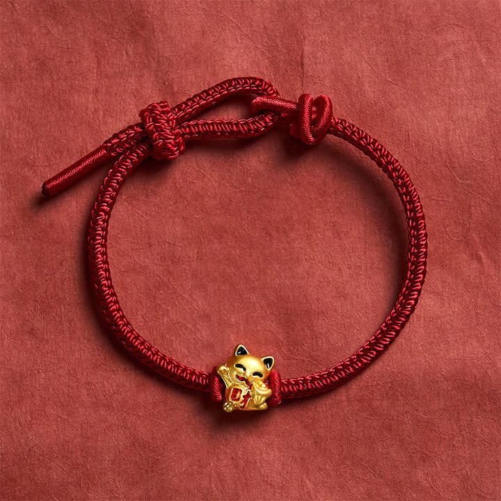 Buddha Stones Handgefertigtes, geflochtenes Armband aus roter Schnur mit goldener Glückskatze und verstellbarem Verschluss - image 2