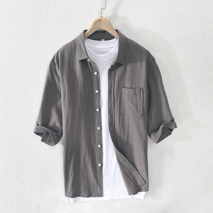 Buddha Stones Lässiges, minimalistisches Sommerhemd mit Knopfleiste, Kurzarm, aus Baumwoll-Leinen-Mischgewebe und Tasche für Herren. - Grau - US/UK/AU42, EU52 (3XL) - image 0