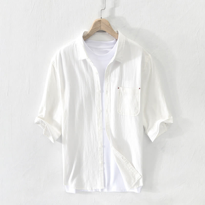 Buddha Stones Lässiges, minimalistisches Sommerhemd mit Knopfleiste, Kurzarm, aus Baumwoll-Leinen-Mischgewebe und Tasche für Herren. - Weiß - US/UK/AU42, EU52 (3XL) - image 3