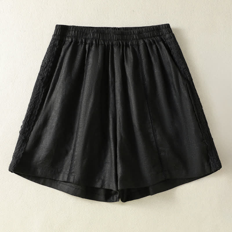 Buddha Stones Lässige, sommerliche Boho-Shorts für Damen mit einfarbiger, dekorativer Seitenspitze und Taschen - Schwarz - US8-10, UK/AU12-14, EU40-42 (2XL) - image 5