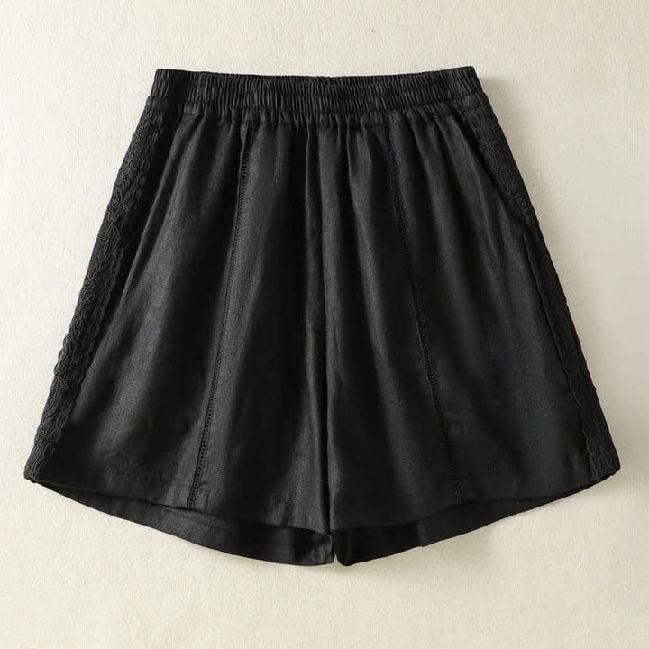 Buddha Stones Lässige, sommerliche Boho-Shorts für Damen mit einfarbiger, dekorativer Seitenspitze und Taschen - Schwarz - US8-10, UK/AU12-14, EU40-42 (2XL) - image 5