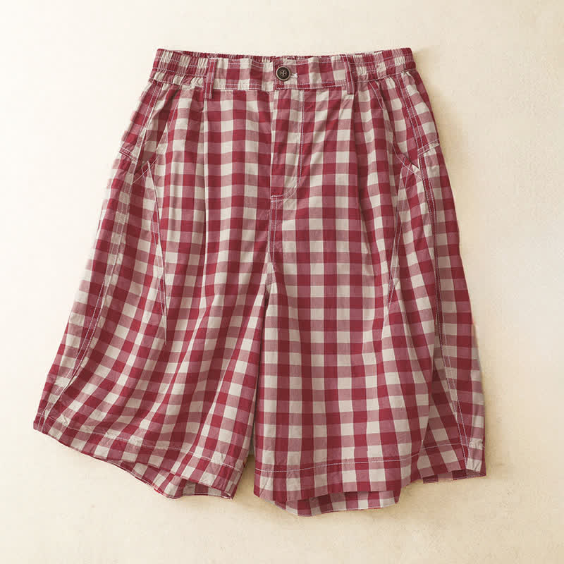 Buddha Stones Lässige, sommerliche Vintage-Shorts für Damen mit rotem Karomuster, Reißverschluss und Taschen - IndianRed - US8-10, UK/AU12-14, EU40-42 (2XL) - image 0