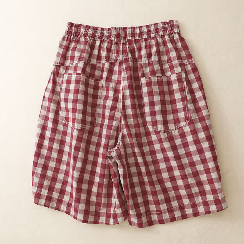 Buddha Stones Lässige, sommerliche Vintage-Shorts für Damen mit rotem Karomuster, Reißverschluss und Taschen - image 1