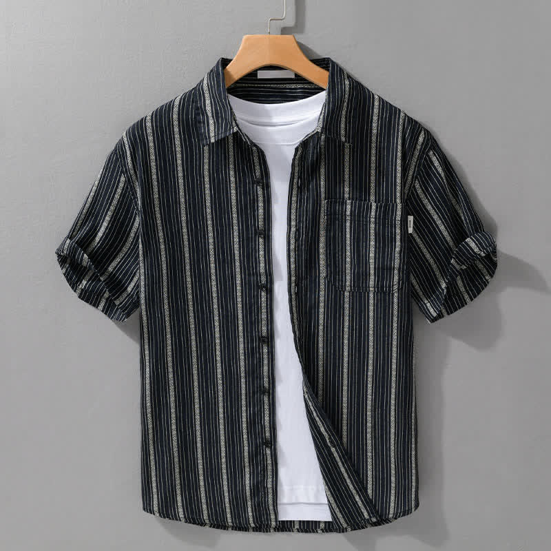 Buddha Stones Lässiges, gestreiftes Kurzarmhemd aus Baumwolle für Herren mit Knopfleiste und aufgesetzter Tasche (Sommer) - Schwarz - US/UK/AU42, EU52 (3XL) - image 8