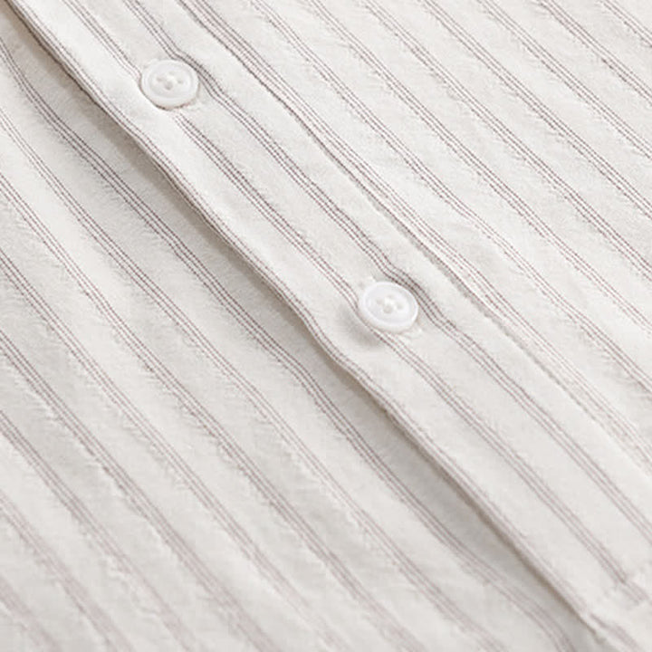 Buddha Stones Lässiges, minimalistisches Kurzarmhemd aus Baumwolle für Herren mit halber Knopfleiste und Streifenmuster – ideal für den Sommer. - image 11