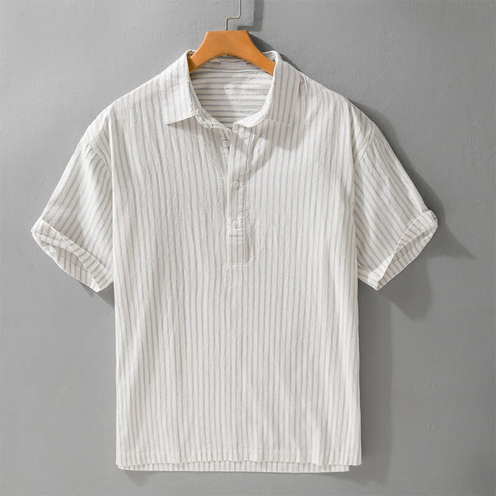 Buddha Stones Lässiges, minimalistisches Kurzarmhemd aus Baumwolle für Herren mit halber Knopfleiste und Streifenmuster – ideal für den Sommer. - FloralWeiß - US/UK/AU42, EU52 (3XL) - image 0