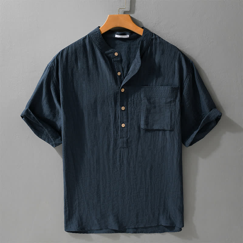 Buddha Stones Lässiges Herrenhemd im Sommer-Tang-Stil mit Stehkragen, halber Knopfleiste und aufgesetzter Tasche. - Mitternachtsblau - US/UK/AU42, EU52 (3XL) - image 6