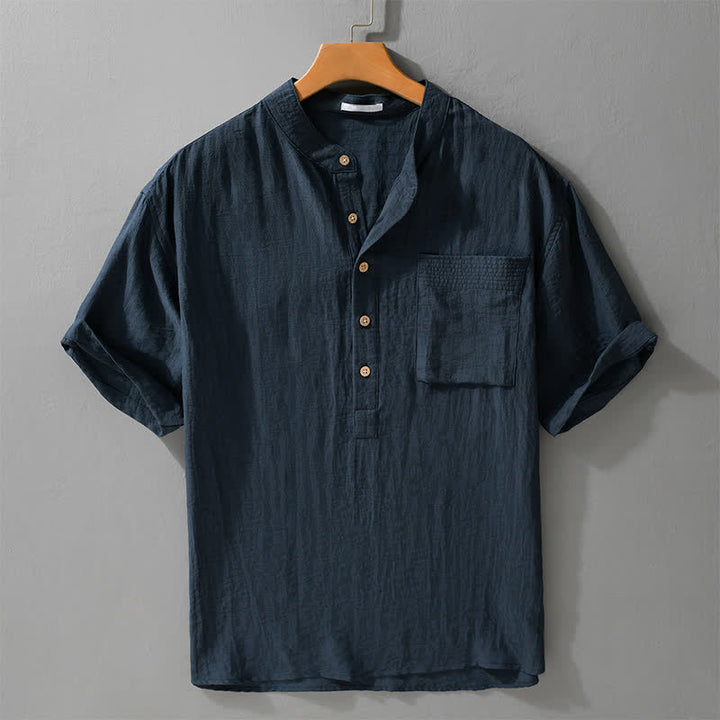 Buddha Stones Lässiges Herrenhemd im Sommer-Tang-Stil mit Stehkragen, halber Knopfleiste und aufgesetzter Tasche. - Mitternachtsblau - US/UK/AU42, EU52 (3XL) - image 6
