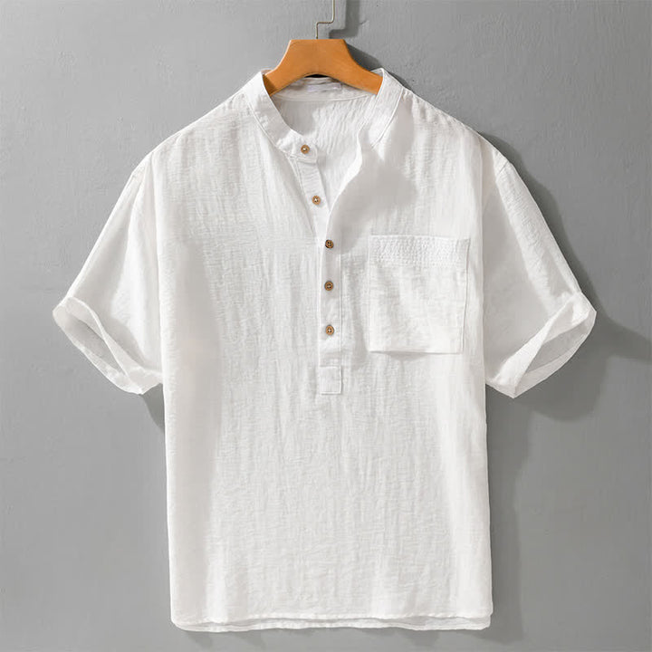 Buddha Stones Lässiges Herrenhemd im Sommer-Tang-Stil mit Stehkragen, halber Knopfleiste und aufgesetzter Tasche. - Weiß - US/UK/AU42, EU52 (3XL) - image 10