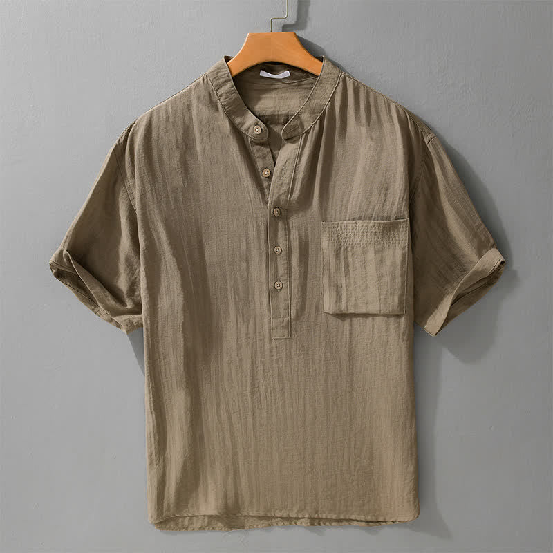 Buddha Stones Lässiges Herrenhemd im Sommer-Tang-Stil mit Stehkragen, halber Knopfleiste und aufgesetzter Tasche. - Bräunen - US/UK/AU42, EU52 (3XL) - image 0