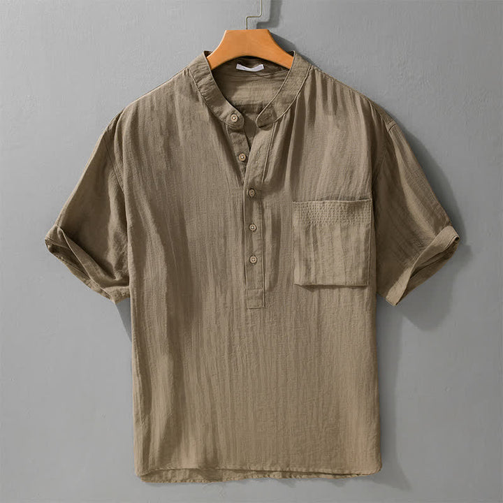 Buddha Stones Lässiges Herrenhemd im Sommer-Tang-Stil mit Stehkragen, halber Knopfleiste und aufgesetzter Tasche. - Bräunen - US/UK/AU42, EU52 (3XL) - image 0