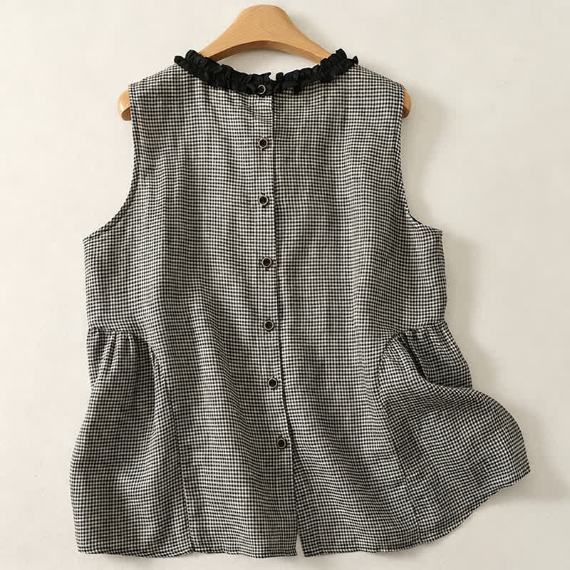 Buddha Stones Sommerliches, lässiges Tanktop im Vintage-Stil mit Karomuster und Knopfleiste am Rücken – ärmelloses Damenhemd - image 1