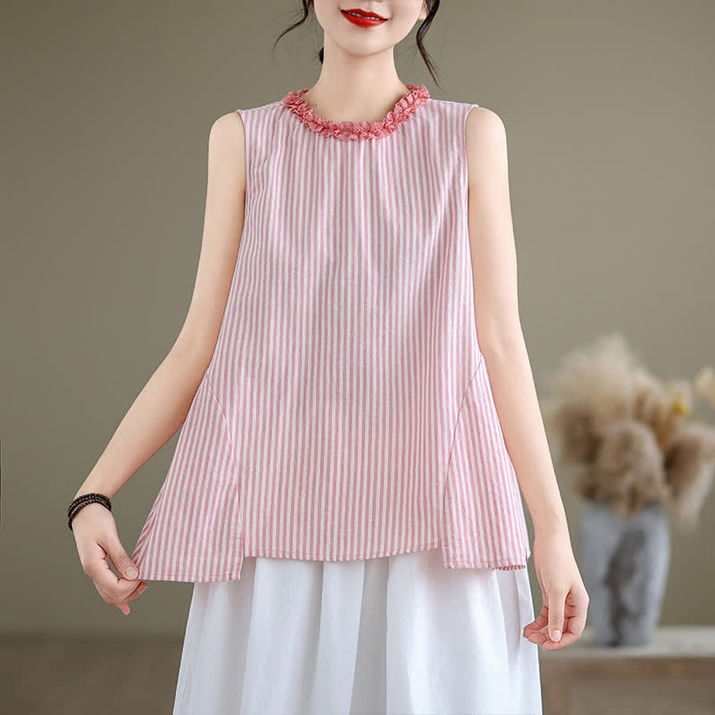 Buddha Stones Sommerliches, lässig-elegantes Tanktop mit Seitenschlitz, Streifen und Rundhalsausschnitt, ärmellos, für Damen - image 17