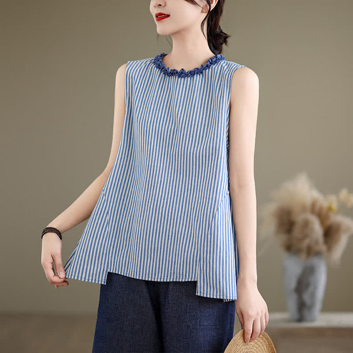 Buddha Stones Sommerliches, lässig-elegantes Tanktop mit Seitenschlitz, Streifen und Rundhalsausschnitt, ärmellos, für Damen - image 1