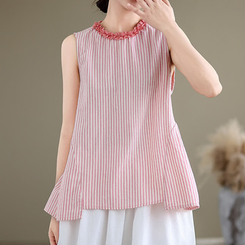 Buddha Stones Sommerliches, lässig-elegantes Tanktop mit Seitenschlitz, Streifen und Rundhalsausschnitt, ärmellos, für Damen - image 13