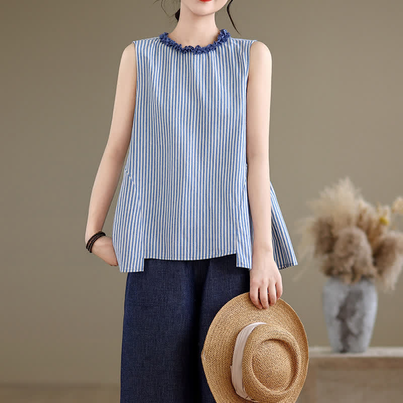 Buddha Stones Sommerliches, lässig-elegantes Tanktop mit Seitenschlitz, Streifen und Rundhalsausschnitt, ärmellos, für Damen - DodgerBlue - US8-10, UK/AU12-14, EU40-42 (2XL) - image 0