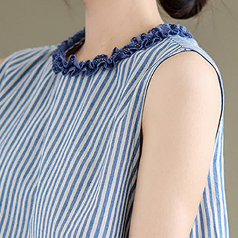 Buddha Stones Sommerliches, lässig-elegantes Tanktop mit Seitenschlitz, Streifen und Rundhalsausschnitt, ärmellos, für Damen - image 9