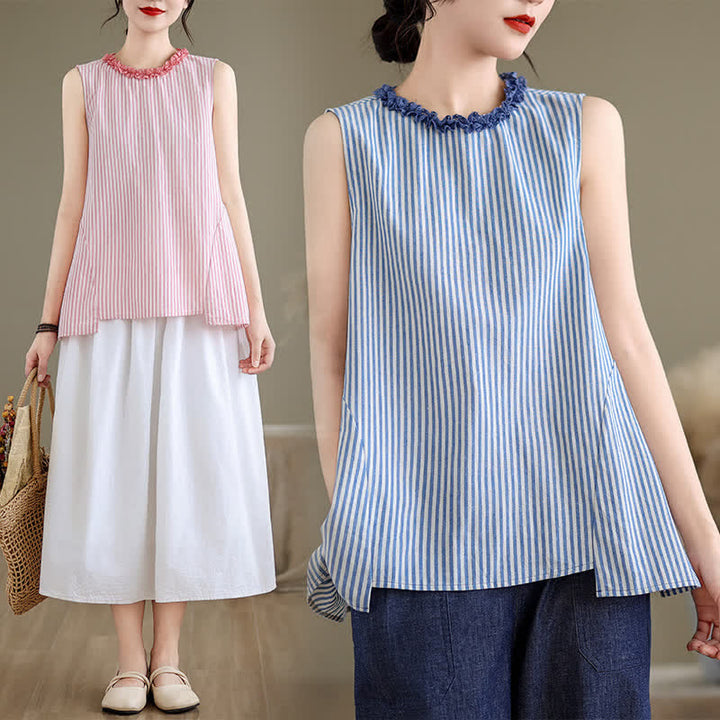 Buddha Stones Sommerliches, lässig-elegantes Tanktop mit Seitenschlitz, Streifen und Rundhalsausschnitt, ärmellos, für Damen - image 18