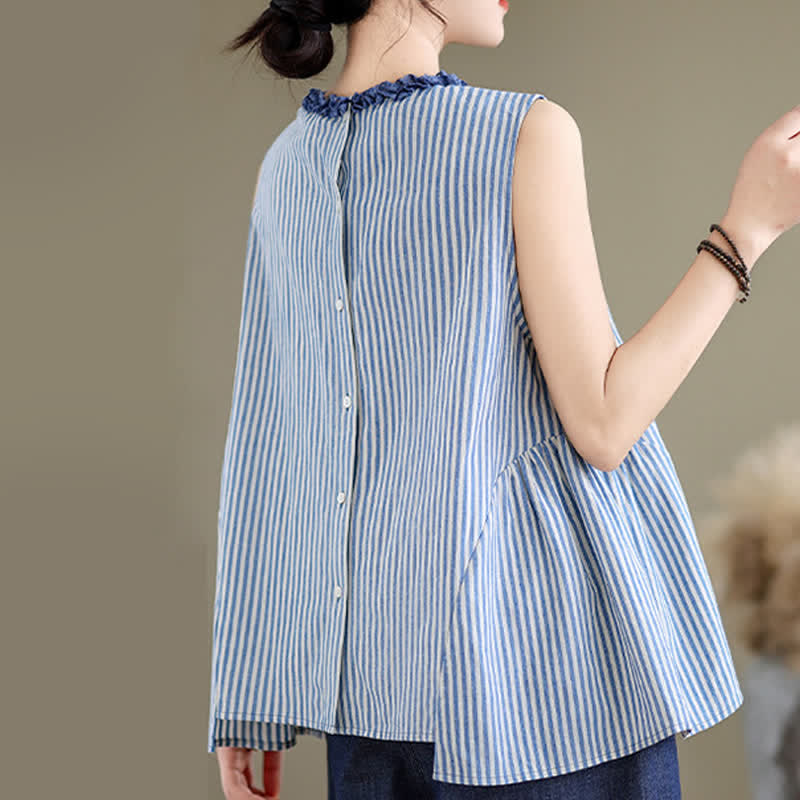 Buddha Stones Sommerliches, lässig-elegantes Tanktop mit Seitenschlitz, Streifen und Rundhalsausschnitt, ärmellos, für Damen - image 3