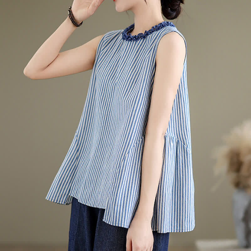 Buddha Stones Sommerliches, lässig-elegantes Tanktop mit Seitenschlitz, Streifen und Rundhalsausschnitt, ärmellos, für Damen - image 2