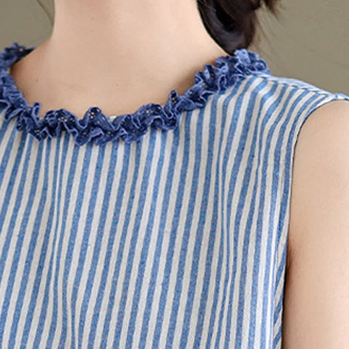 Buddha Stones Sommerliches, lässig-elegantes Tanktop mit Seitenschlitz, Streifen und Rundhalsausschnitt, ärmellos, für Damen - image 7