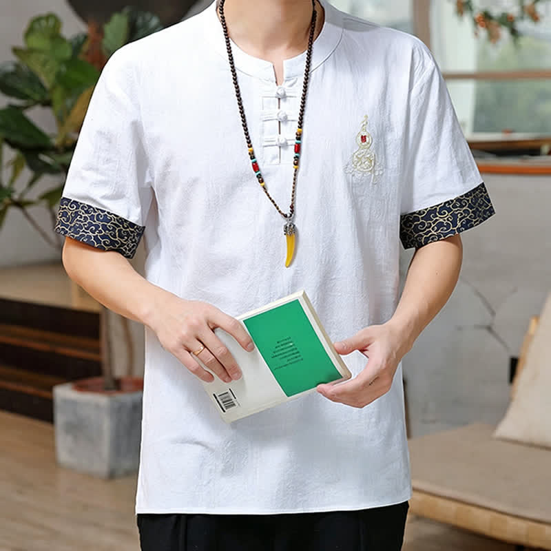 Buddha Stones Sommerliche Herren-Kurzarmhemden im Tang-Stil mit Froschknopfstickerei, einfarbig, mit Kürbismotiv - image 25