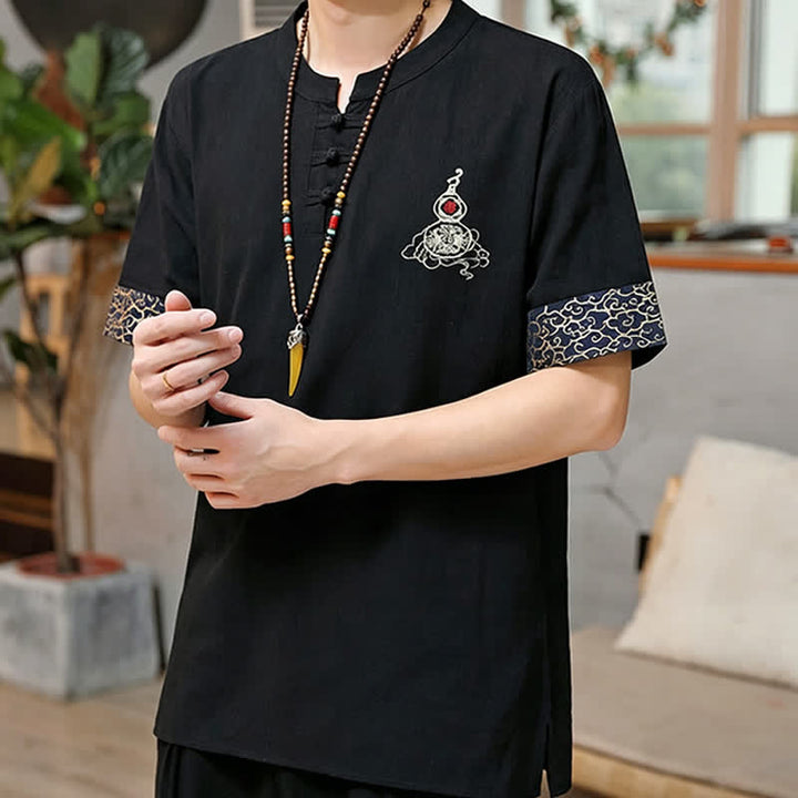 Buddha Stones Sommerliche Herren-Kurzarmhemden im Tang-Stil mit Froschknopfstickerei, einfarbig, mit Kürbismotiv - image 6