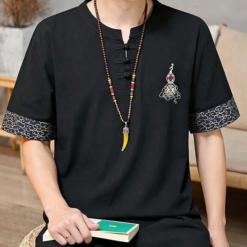 Buddha Stones Sommerliche Herren-Kurzarmhemden im Tang-Stil mit Froschknopfstickerei, einfarbig, mit Kürbismotiv - image 7