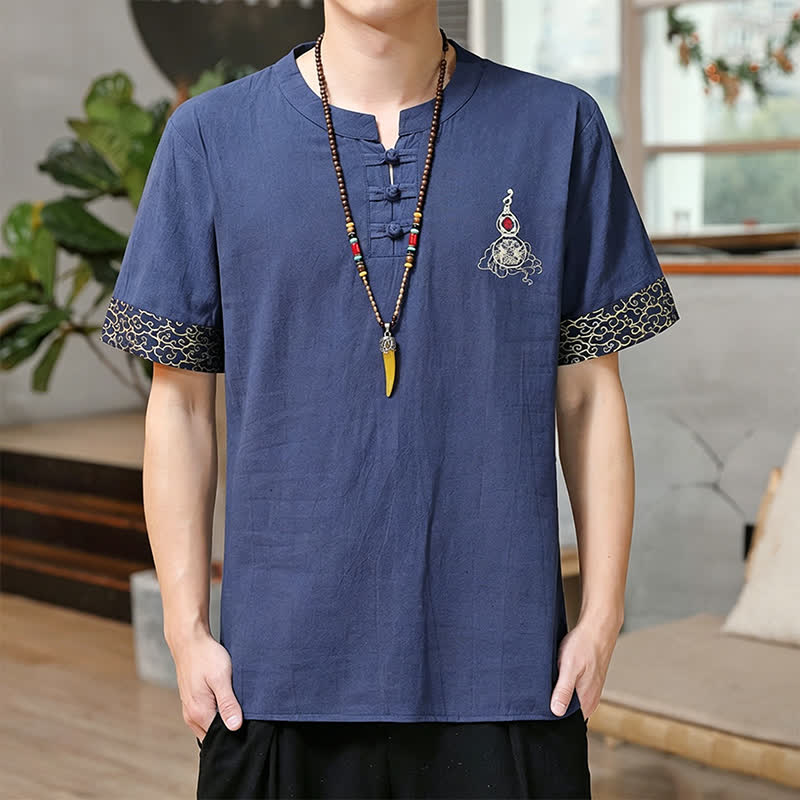 Buddha Stones Sommerliche Herren-Kurzarmhemden im Tang-Stil mit Froschknopfstickerei, einfarbig, mit Kürbismotiv - SteelBlue - US/UK/AU46, EU56 (5XL) - image 0
