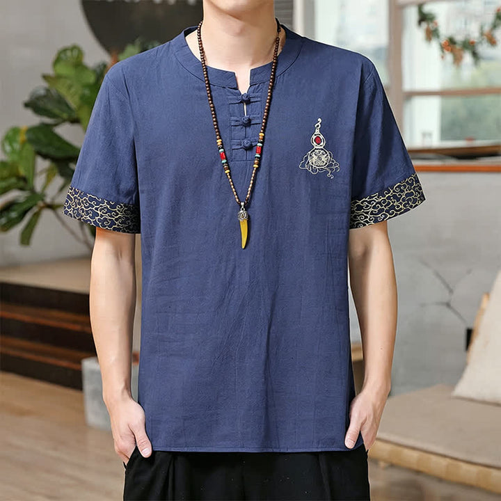 Buddha Stones Sommerliche Herren-Kurzarmhemden im Tang-Stil mit Froschknopfstickerei, einfarbig, mit Kürbismotiv - SteelBlue - US/UK/AU46, EU56 (5XL) - image 0