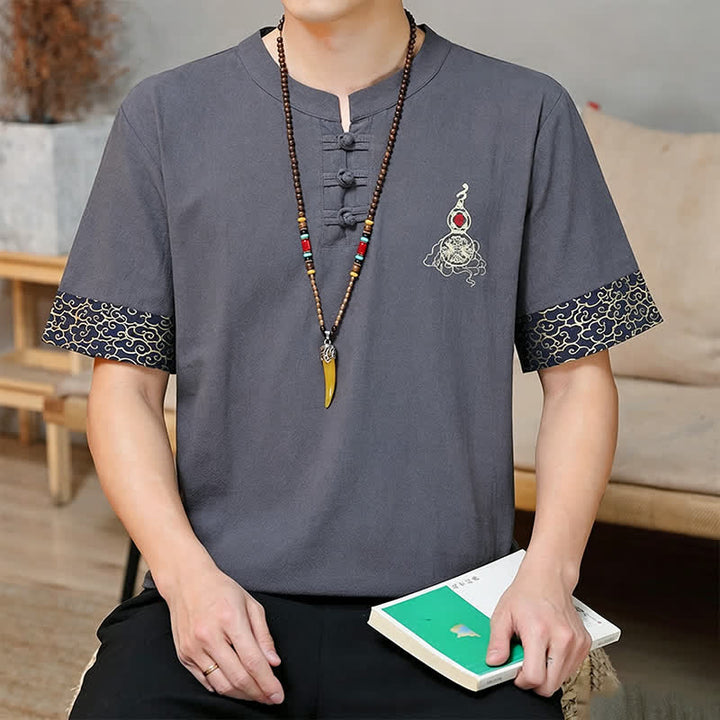 Buddha Stones Sommerliche Herren-Kurzarmhemden im Tang-Stil mit Froschknopfstickerei, einfarbig, mit Kürbismotiv - image 13