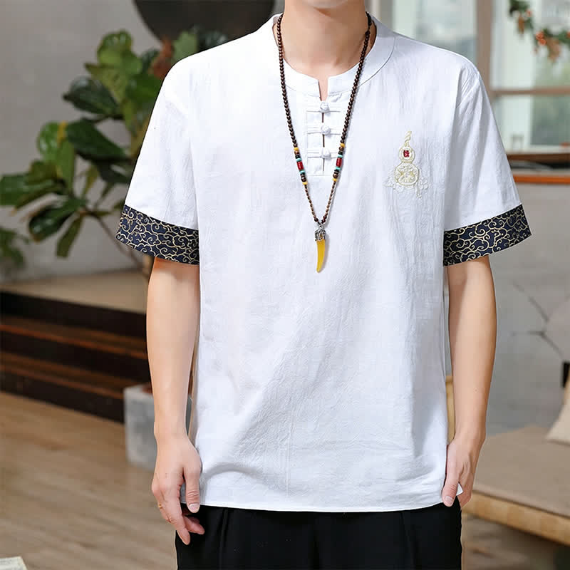 Buddha Stones Sommerliche Herren-Kurzarmhemden im Tang-Stil mit Froschknopfstickerei, einfarbig, mit Kürbismotiv - Weiß - US/UK/AU46, EU56 (5XL) - image 23
