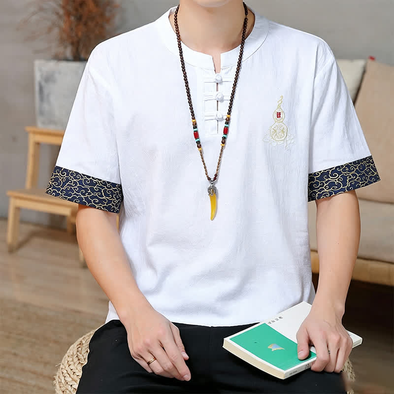 Buddha Stones Sommerliche Herren-Kurzarmhemden im Tang-Stil mit Froschknopfstickerei, einfarbig, mit Kürbismotiv - image 26