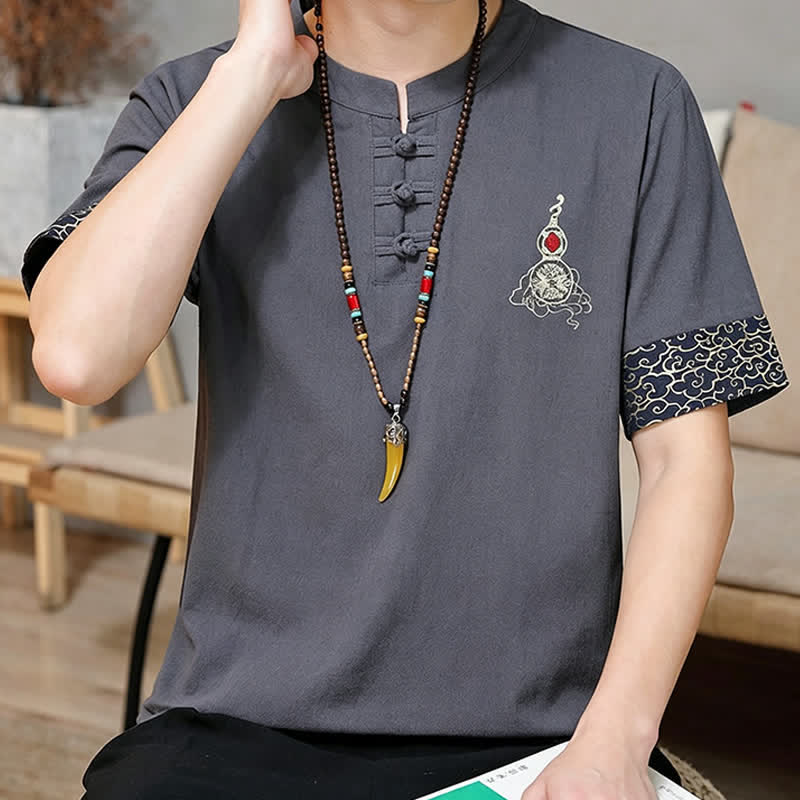 Buddha Stones Sommerliche Herren-Kurzarmhemden im Tang-Stil mit Froschknopfstickerei, einfarbig, mit Kürbismotiv - image 15