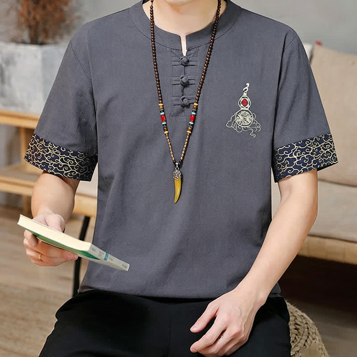 Buddha Stones Sommerliche Herren-Kurzarmhemden im Tang-Stil mit Froschknopfstickerei, einfarbig, mit Kürbismotiv - image 14