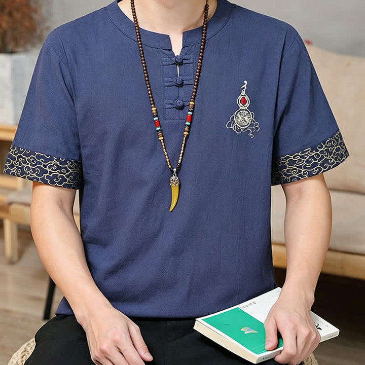Buddha Stones Sommerliche Herren-Kurzarmhemden im Tang-Stil mit Froschknopfstickerei, einfarbig, mit Kürbismotiv - image 4