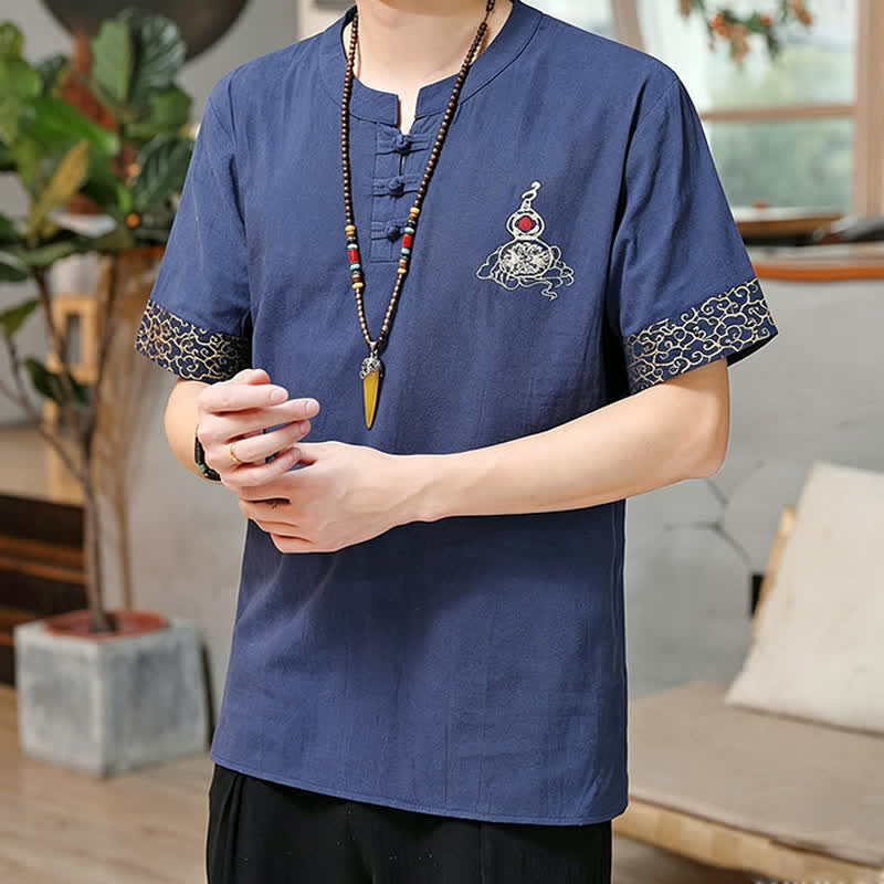 Buddha Stones Sommerliche Herren-Kurzarmhemden im Tang-Stil mit Froschknopfstickerei, einfarbig, mit Kürbismotiv - image 1