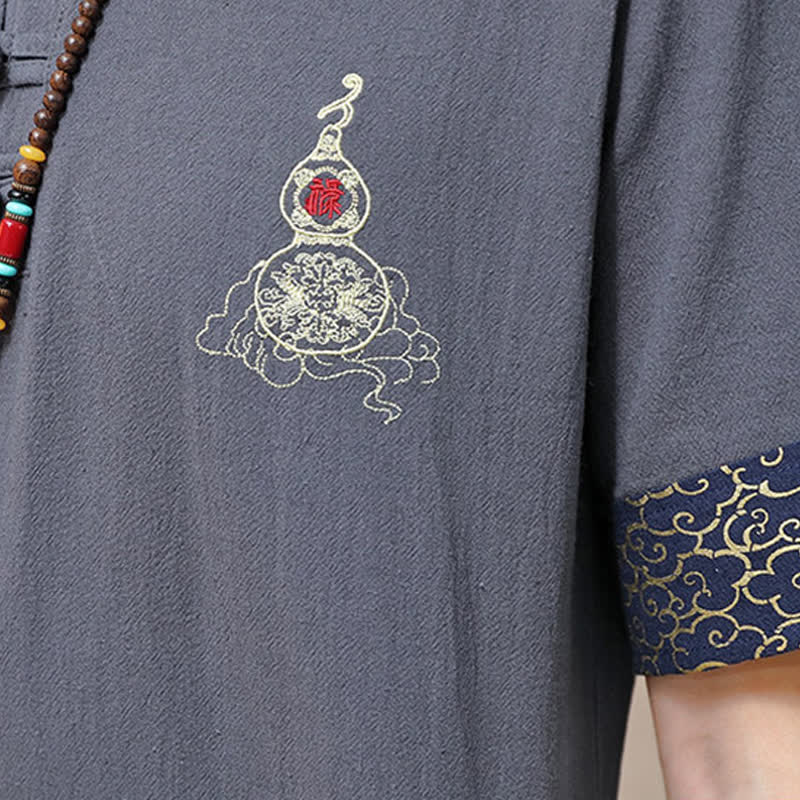 Buddha Stones Sommerliche Herren-Kurzarmhemden im Tang-Stil mit Froschknopfstickerei, einfarbig, mit Kürbismotiv - image 19