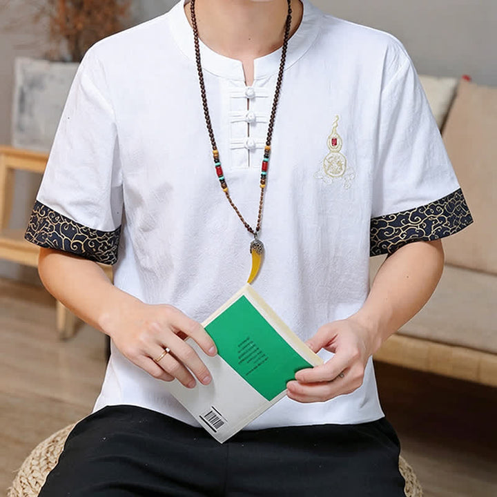 Buddha Stones Sommerliche Herren-Kurzarmhemden im Tang-Stil mit Froschknopfstickerei, einfarbig, mit Kürbismotiv - image 27