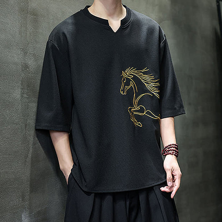 Buddha Stones Sommerliches, lässiges, minimalistisches Kurzarm-T-Shirt aus Baumwolle mit Pferdestickerei für Herren - image 15