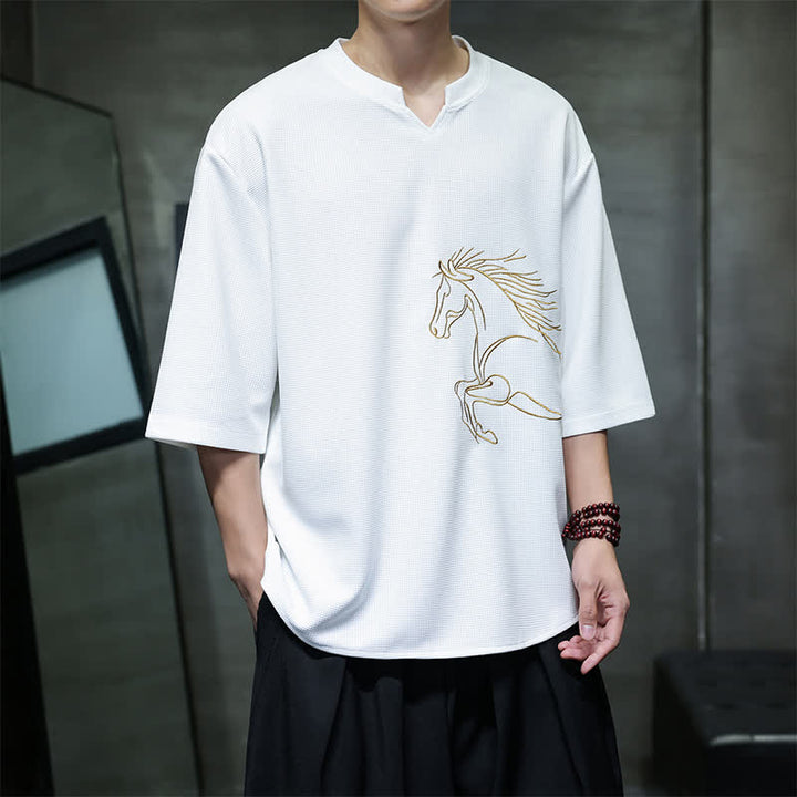Buddha Stones Sommerliches, lässiges, minimalistisches Kurzarm-T-Shirt aus Baumwolle mit Pferdestickerei für Herren - image 1