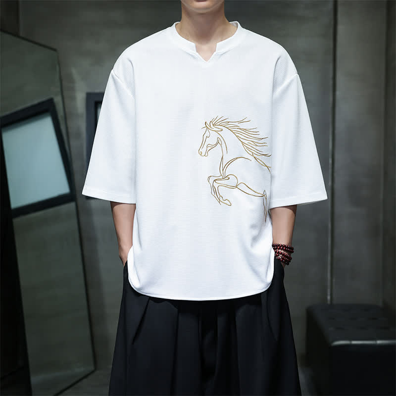 Buddha Stones Sommerliches, lässiges, minimalistisches Kurzarm-T-Shirt aus Baumwolle mit Pferdestickerei für Herren - Weiß - US/ UK/AU46, EU56 (5XL) - image 0