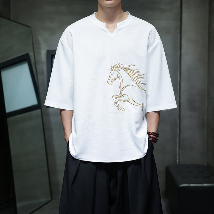 Buddha Stones Sommerliches, lässiges, minimalistisches Kurzarm-T-Shirt aus Baumwolle mit Pferdestickerei für Herren - Weiß - US/ UK/AU46, EU56 (5XL) - image 0