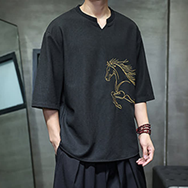 Buddha Stones Sommerliches, lässiges, minimalistisches Kurzarm-T-Shirt aus Baumwolle mit Pferdestickerei für Herren - image 10