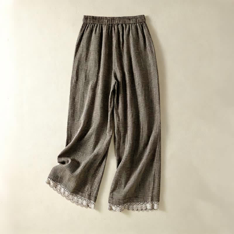 Buddha Stones Lässige Sommerhose aus kariertem Leinen mit Kordelzug und weitem Bein, Damenhose mit Tasche - image 1