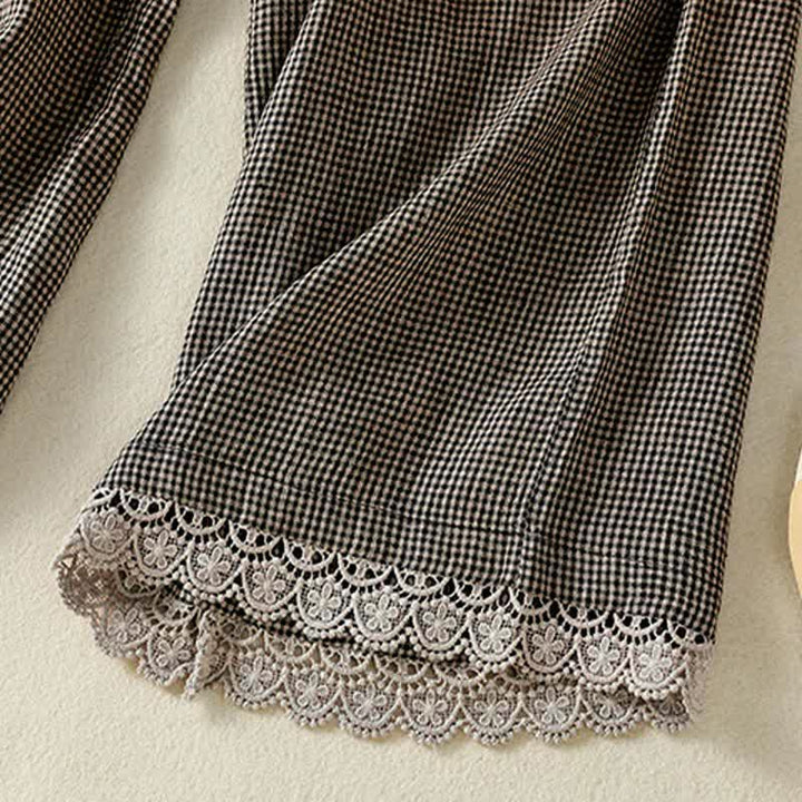 Buddha Stones Lässige Sommerhose aus kariertem Leinen mit Kordelzug und weitem Bein, Damenhose mit Tasche - image 11